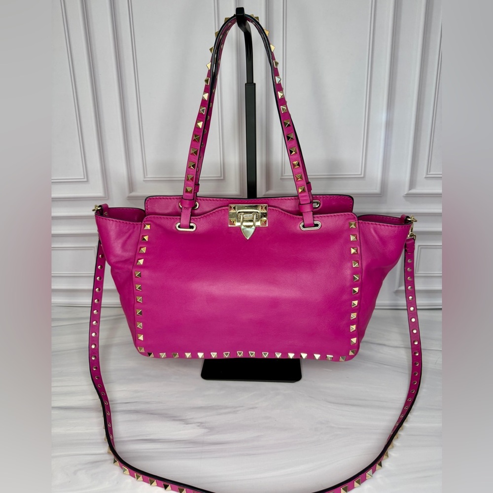 Valentino Garavani Pink Rockstud Leather Tote with Gold Hardware